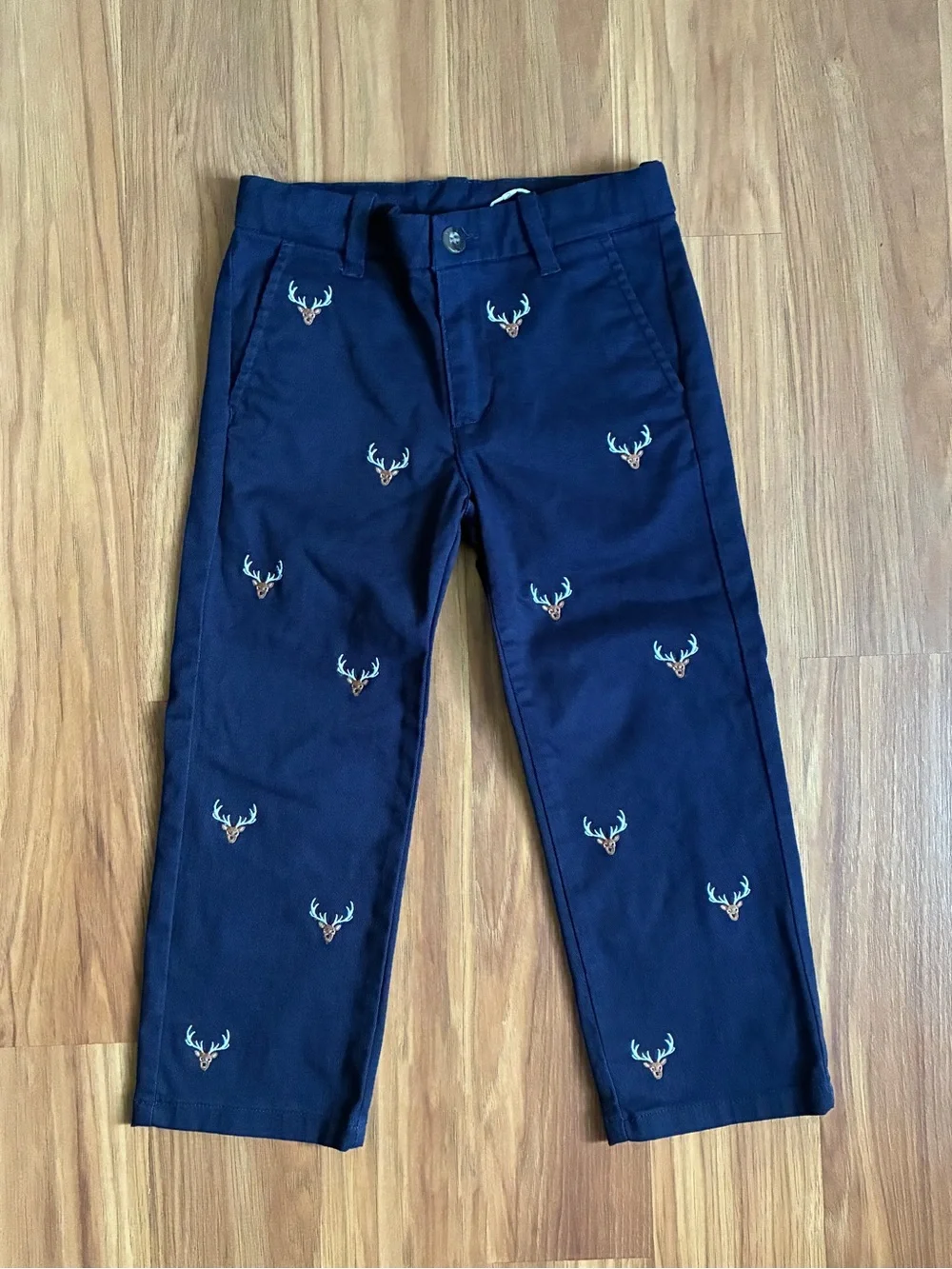 Janie and Jack Boys Navy Blue Embroidered Deer Chino Pants - Size 3